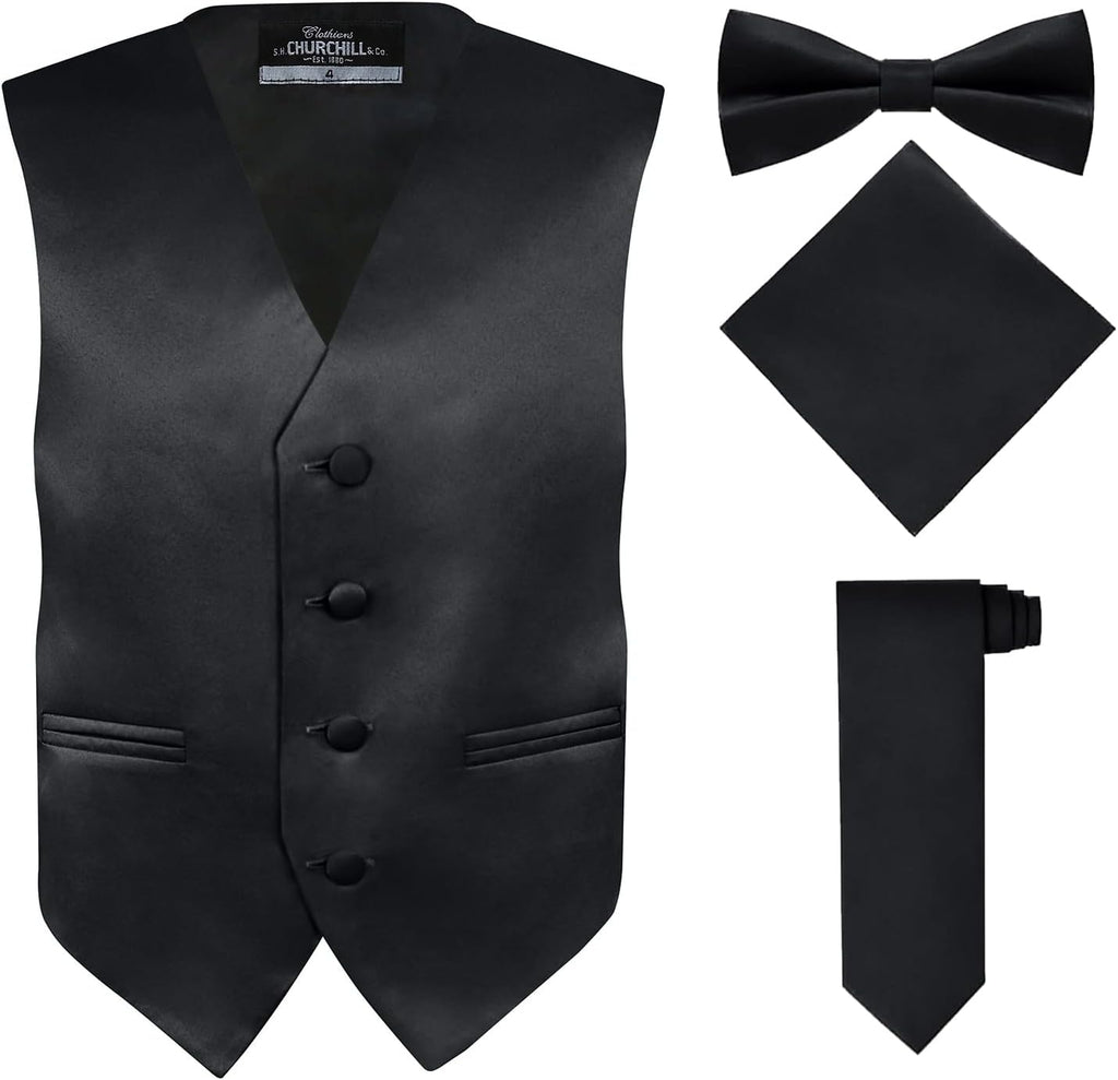 Boys 4 Piece Vest Set with Pre-Tied Bow Tie, Necktie & Pocket Square
