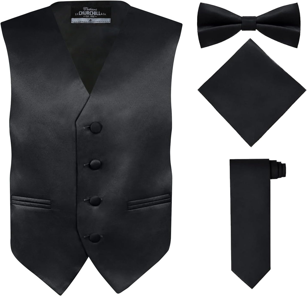 Boys 4 Piece Vest Set with Pre-Tied Bow Tie, Necktie & Pocket Square