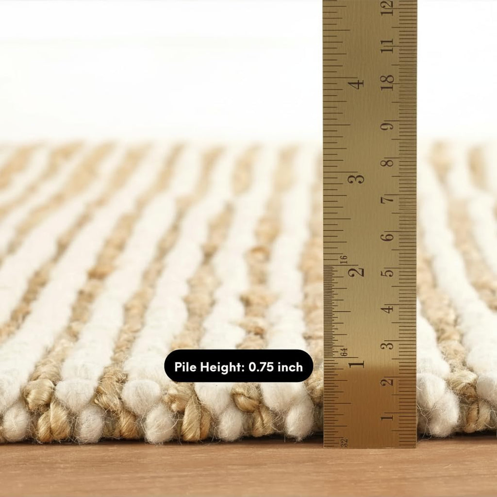 Area Rug - Premium Wool and Jute Blend Handwoven Rugs - Natural Fiber Chunky Stripe Design for Kitchen