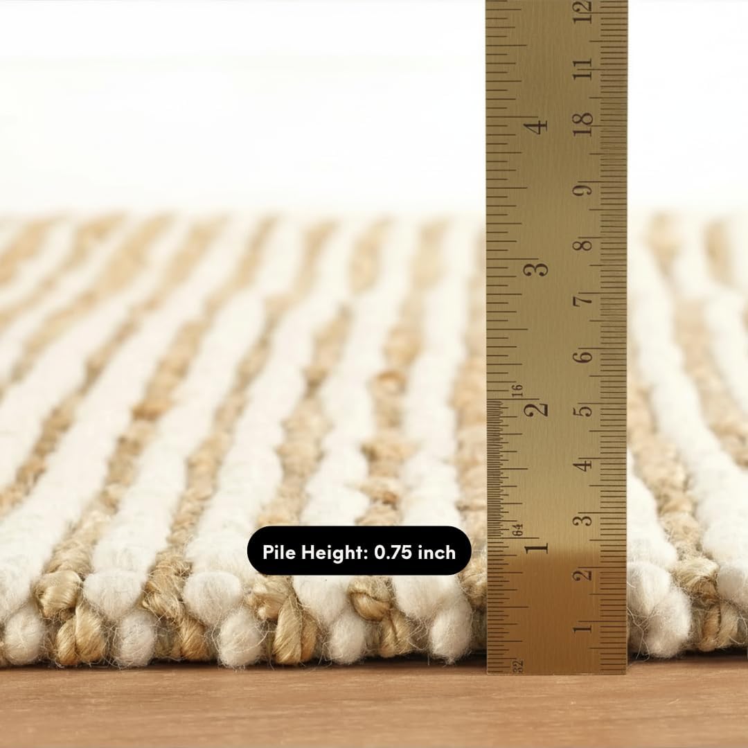 Area Rug - Premium Wool and Jute Blend Handwoven Rugs - Natural Fiber Chunky Stripe Design for Kitchen