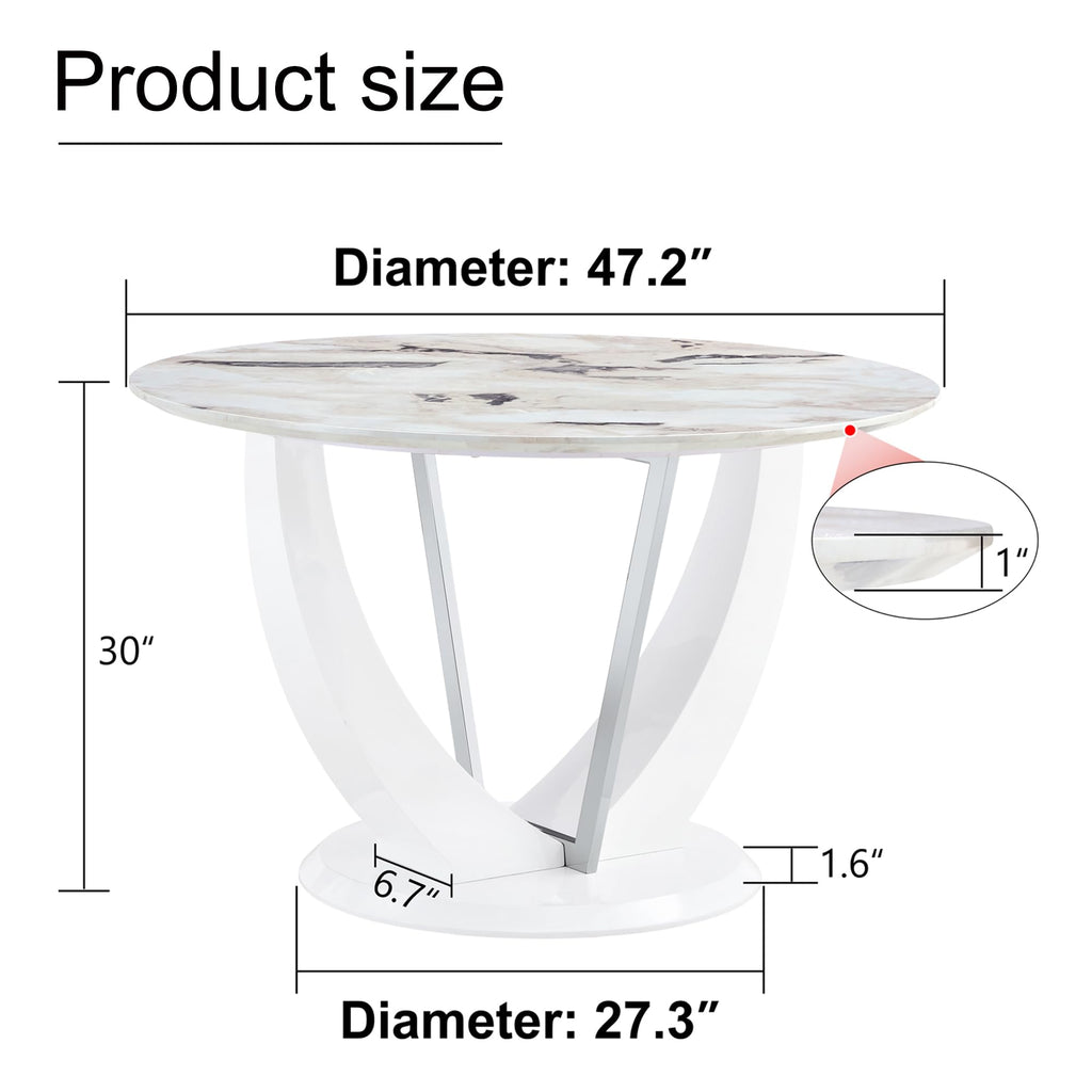Inspired Saarinen Style Round Dining Table for 4/6, 47 Inch Faux Marble Look Dining Room Table, White Kitchen Table with Stable Pedestal