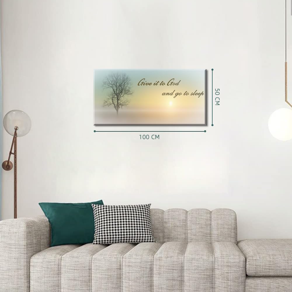 Canvas Wall Art of Misty Sunset & Tree Plant Picture Home Above Bed, White Country Wood Sign, Give It To God & Go to