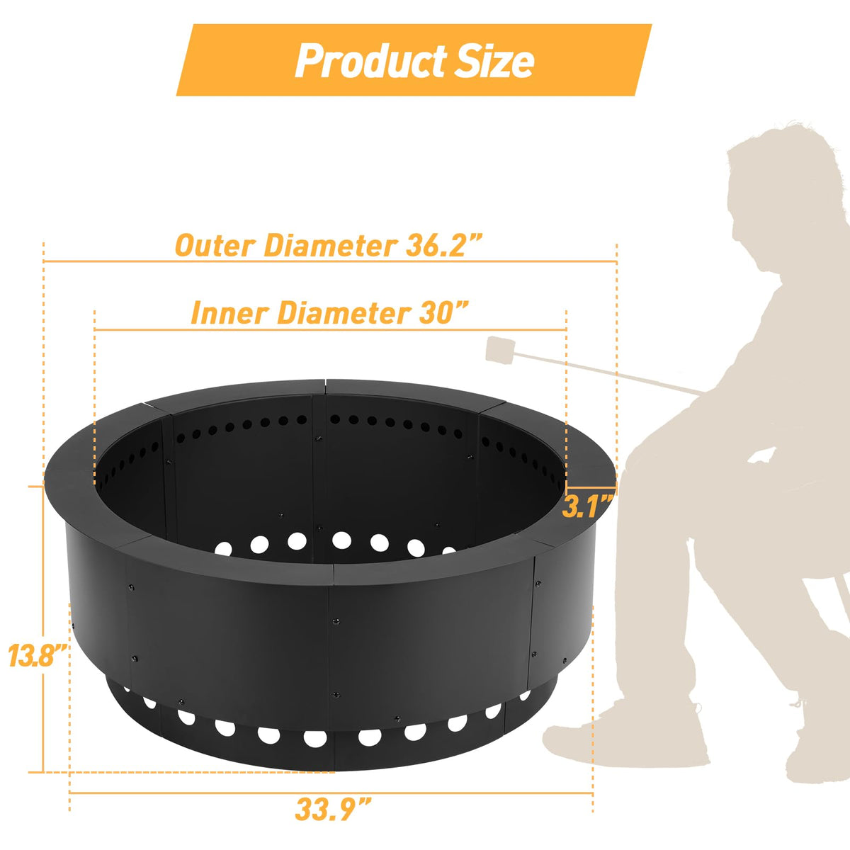 36 Inch Smokeless Fire Pit Ring Insert, 30 Inch Inner, Black