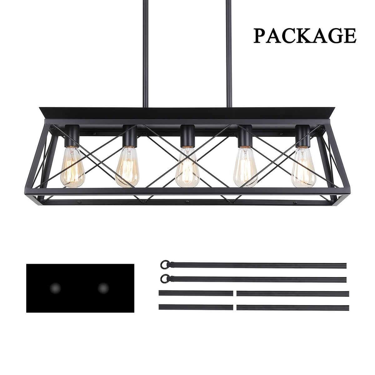 Farmhouse Chandeliers, Rustic Kitchen Island Light Fixture, 5-Light Linear Pendant Lighting Rectangular Chandelier