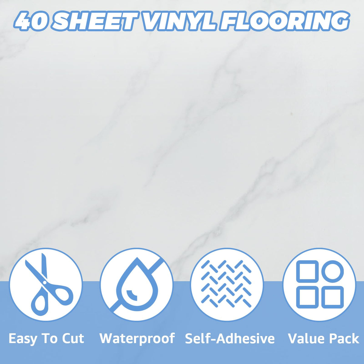 40 Sheet Vinyl Flooring 12x12 Inch Peel and Stick Floor Tile Waterproof White Marble Vinyl Floor Tiles Clearance Self