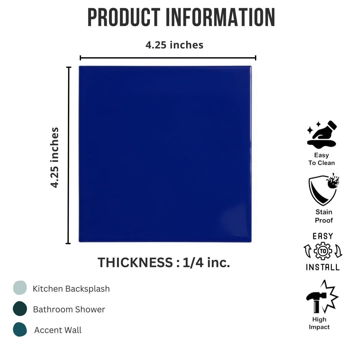 4.25x4.25 Inch Glossy Cobalt Blue Ceramic Wall Tile by - Box of 10 Pieces (1 Sq Ft) Backsplash, Bathroom, Shower &