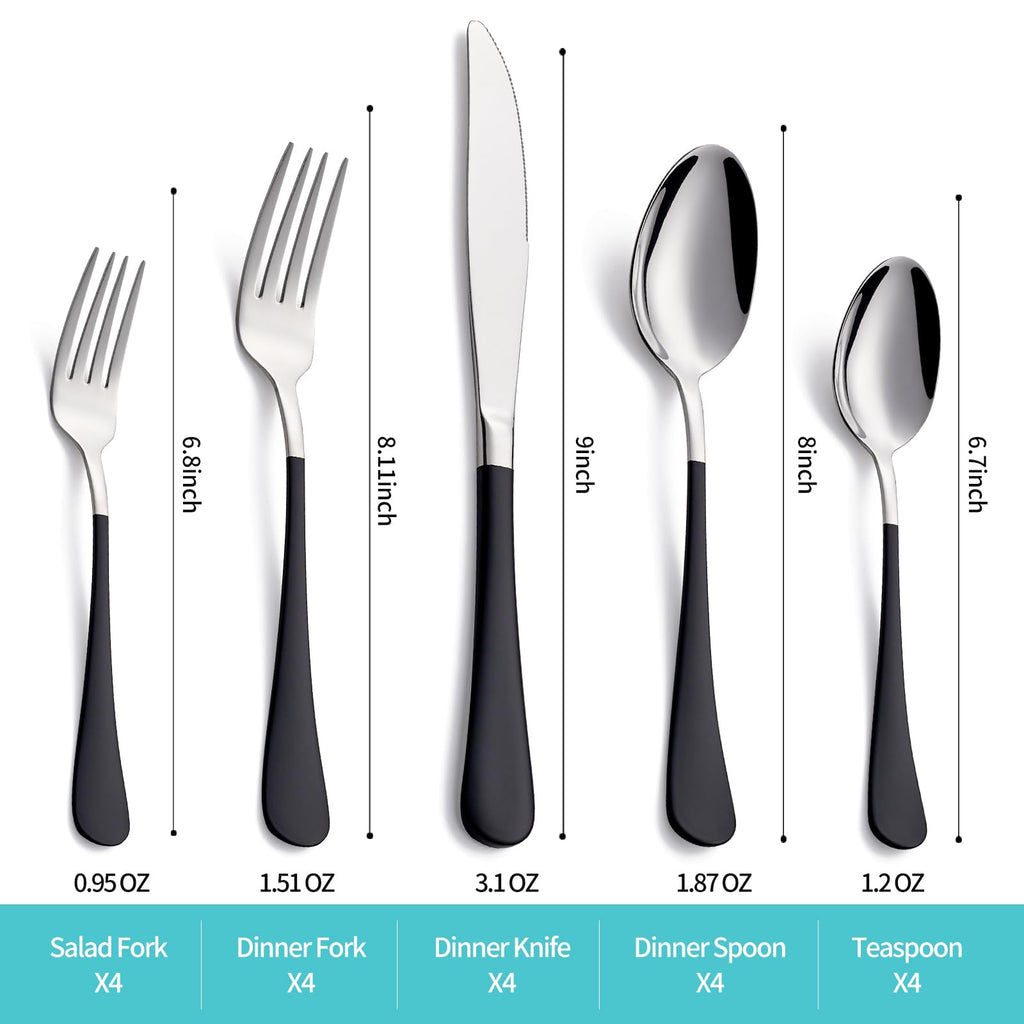 20-Piece Black Silverware Set for 4, 18/0 Stainless Steel Flatware Cutlery Utensils Set, Include Dinner Knives,Dinner