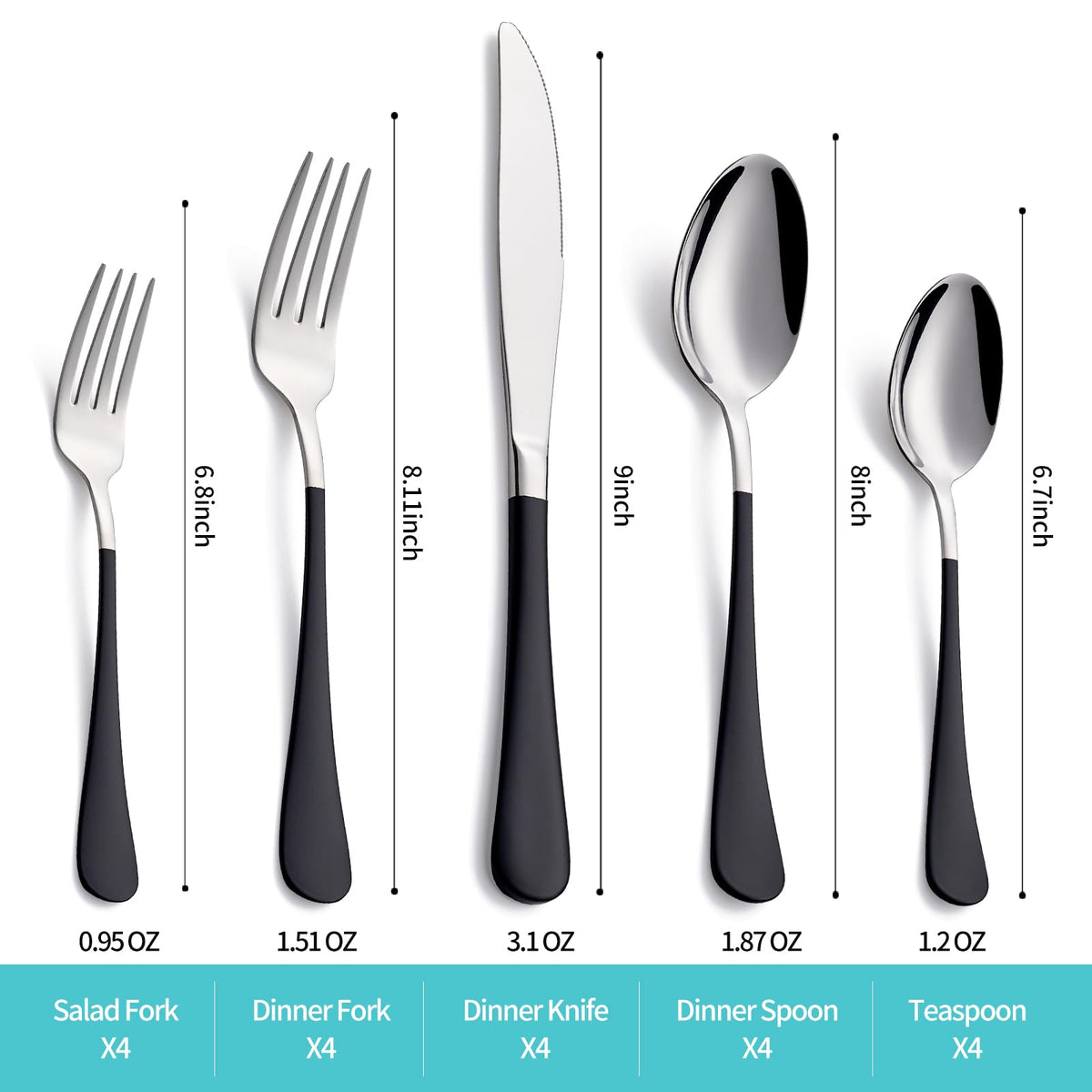 20-Piece Black Silverware Set for 4, 18/0 Stainless Steel Flatware Cutlery Utensils Set, Include Dinner Knives,Dinner