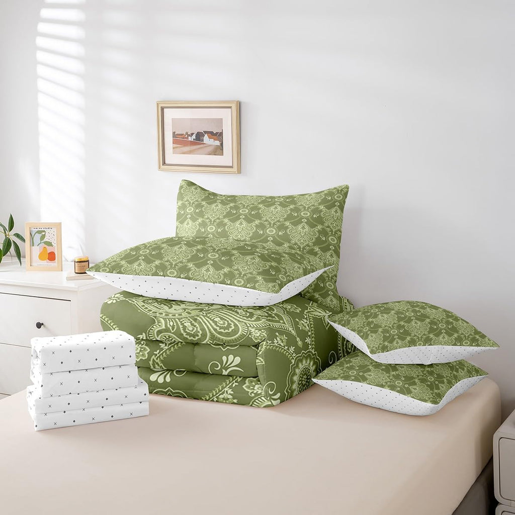 Green Vintage Damask Comforter Set with Sheets 7 Piece
