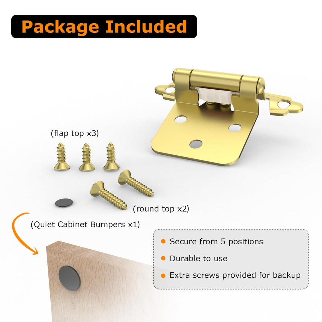 1/2" Overlay Cabinet Hinges, 10 Pack Self Closing Flush Mount Hinges with Door Bumper, Variable Decorative Hardware