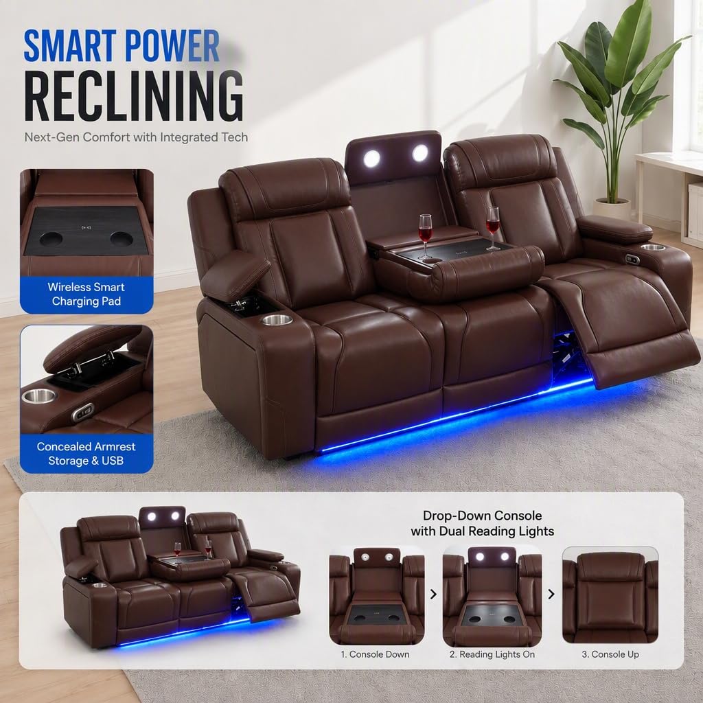 Leather Power Recliner Sofa Set with Bass Speaker/LED(Brown, 3PCS)