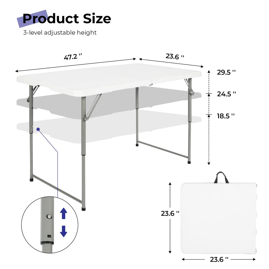 Folding Table 4 Foot, Portable Heavy Duty Plastic Utility Table, White