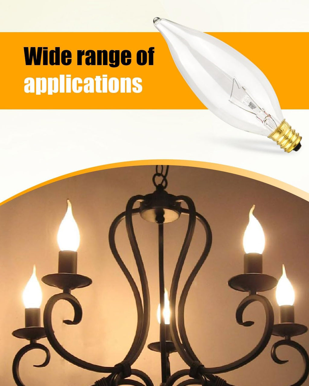 Universal Crystal Clear Incandescent Light Bulb, E12 40W 120V 2500K Light Bulb Replacement, CA10 Candelabra Candle