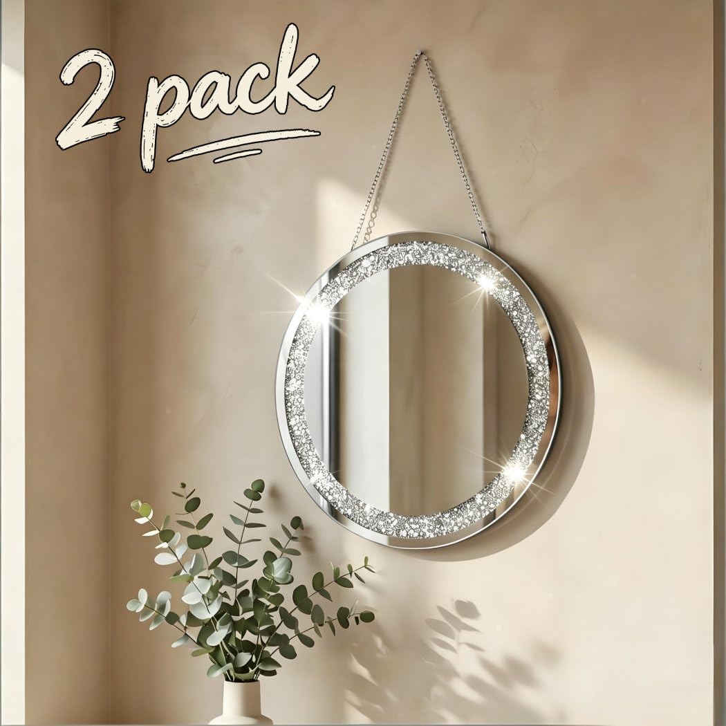 Crystal Crush Diamond Silver Mirror 2 Pack Diameter 12inch Round Shape with Iron Chain Real Glass Mirror for Wall