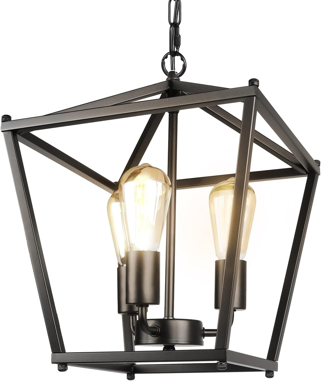 Black Lantern Pendant Light, 3 Lights Farmhouse Chandelier Fixture with Metal Cage, Adjustable Height Industrial Hanging Lights E26 Base for Kitchen Island, Bedroom, Entryway, Foyer