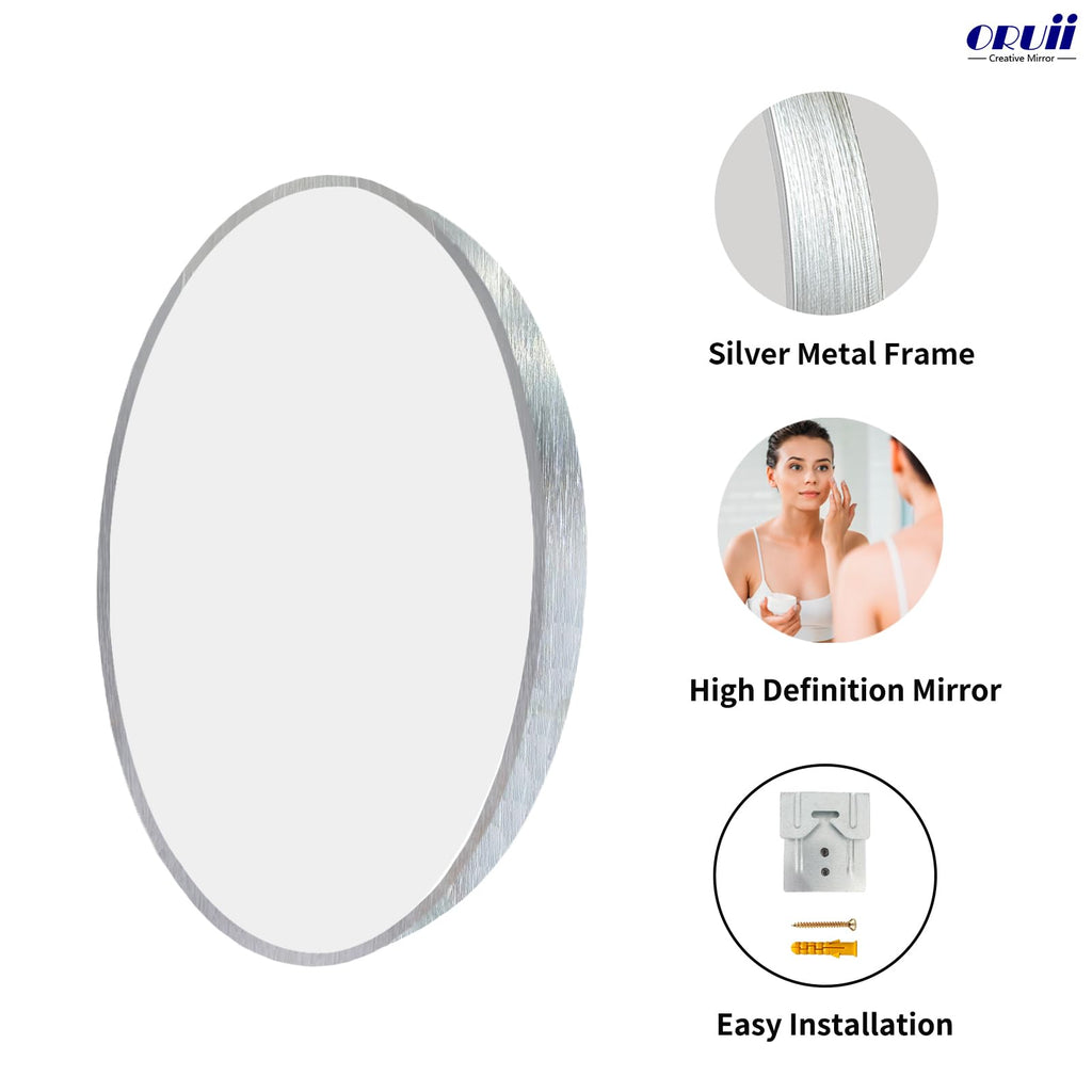 Round Mirror, 26 inch Silver Circle Mirror,Bruhsed Nickel Metal Frame