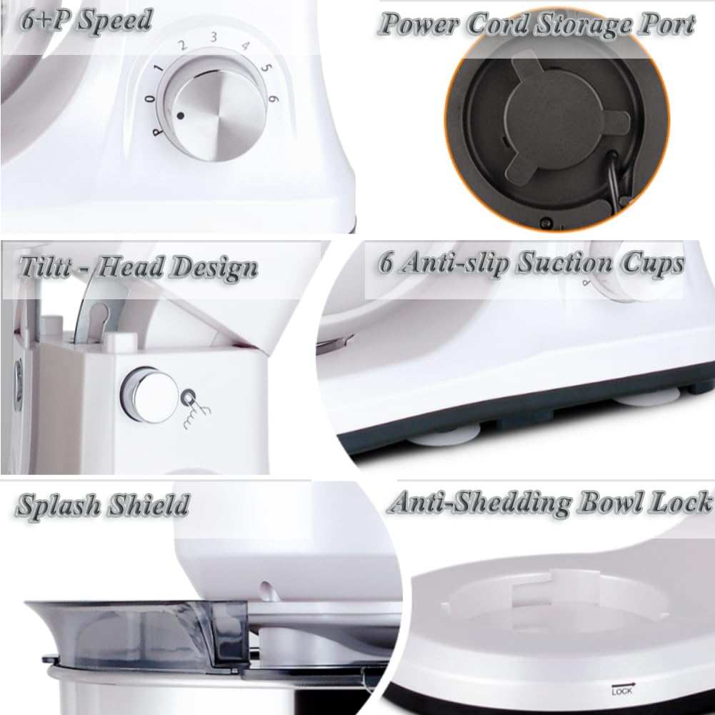 Stand Mixer 5-QT, 6+P Speed Tilt-Head Food Mixer 300W Dough Mixer with Stainless Steel Bowl,Dough Hook,Flat