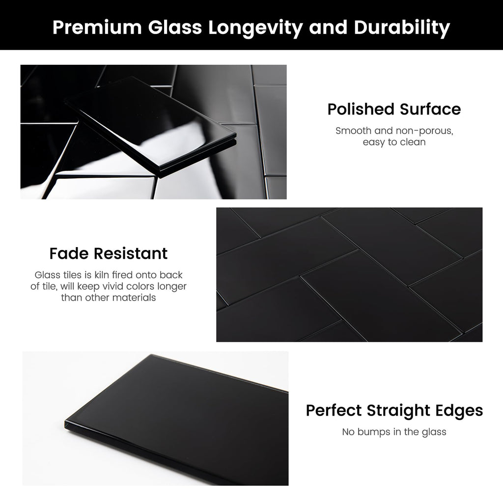 Peel and Stick Glass Subway Tiles, 3 x 6 Inch, Black Glass Tiles for Backsplash, Kitchen Backsplash Wall, Pack of 40