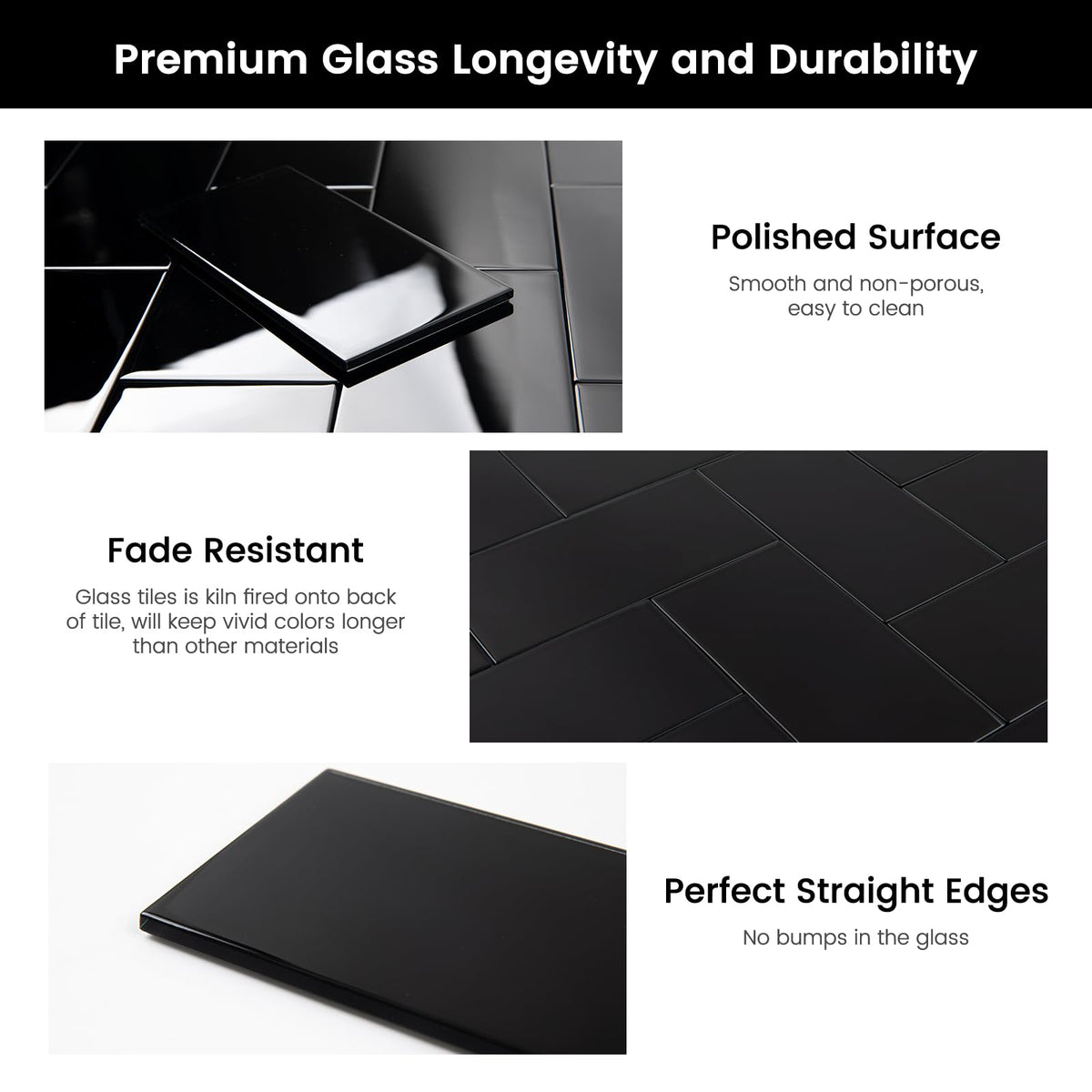Peel and Stick Glass Subway Tiles, 3 x 6 Inch, Black Glass Tiles for Backsplash, Kitchen Backsplash Wall, Pack of 40