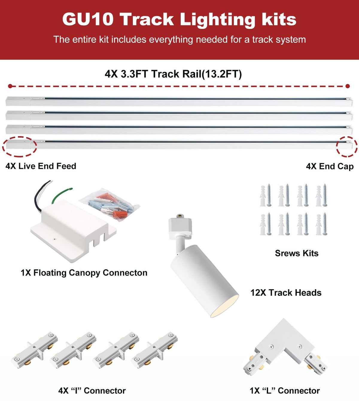 LED Track Lighting Kit with 13.2FT H Type Track Lighting Rails and Floating Canopy Connector, Modern Kitchen