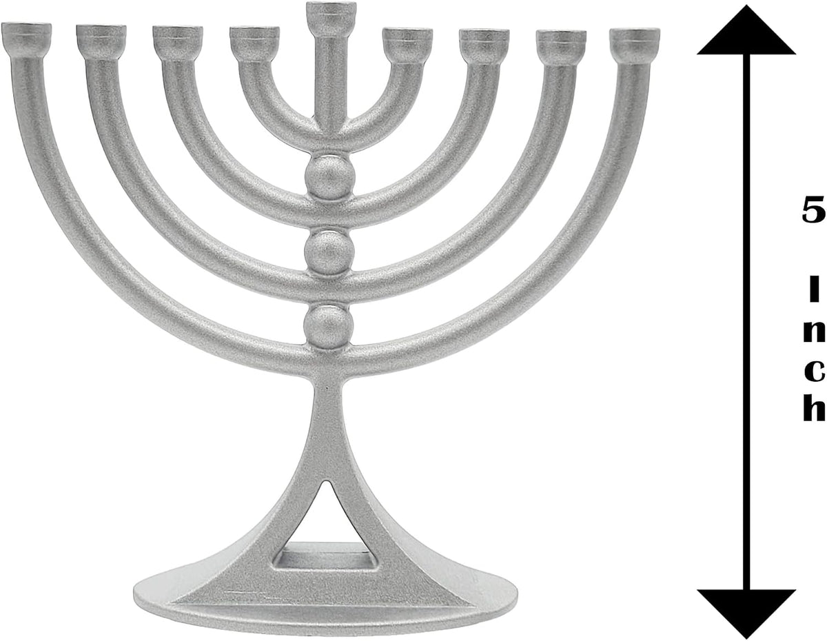 Hanukkah Silver Matte Mini with Candles Classic 5 Inch Great for Travel, Hanukkah Decor Centerpiece