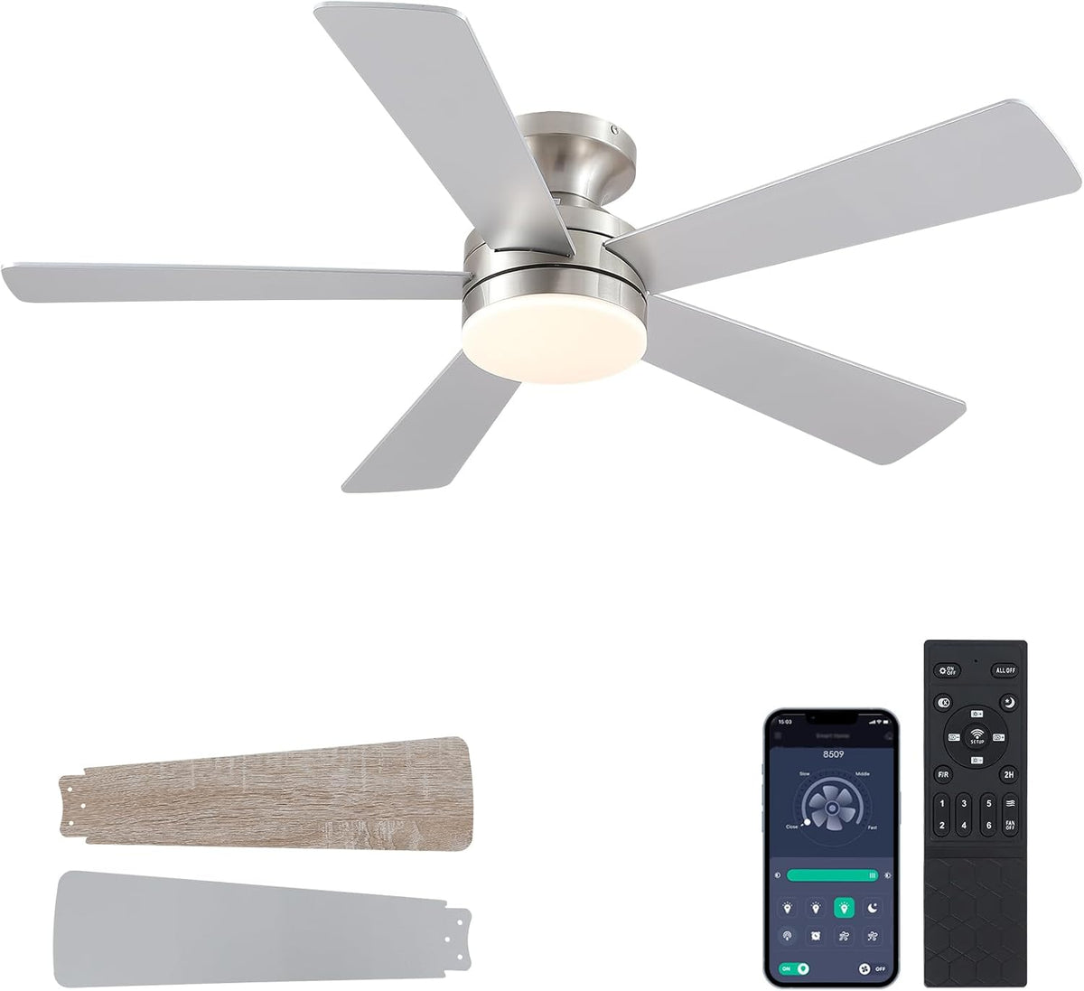 46" Nickel Outdoor Flush Mount Ceiling Fan with Light & Remote