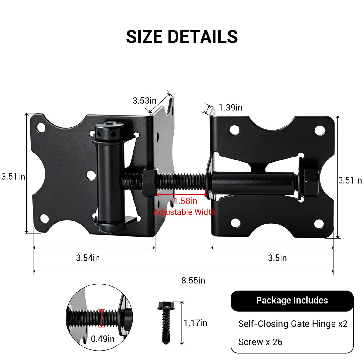Self Closing Gate Hinges, 90 Degree Adjustable Hinges, Black, 2 Pack