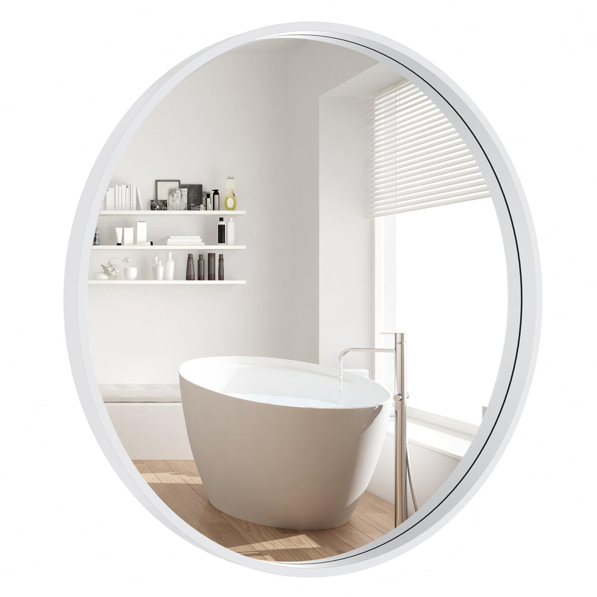 Round Wood Mirror 24 inch Circle Wall Mirror Round Wall Mirror for Wall Decor, Vanity, Entryway Living Room (White)