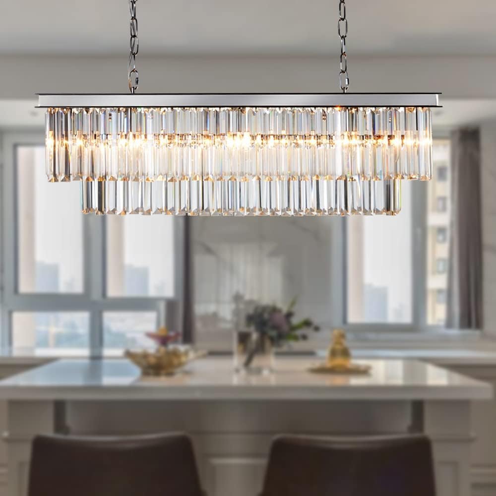8-Light Chrome Rectangular Crystal Chandelier, Linear Fixture for Long Tables