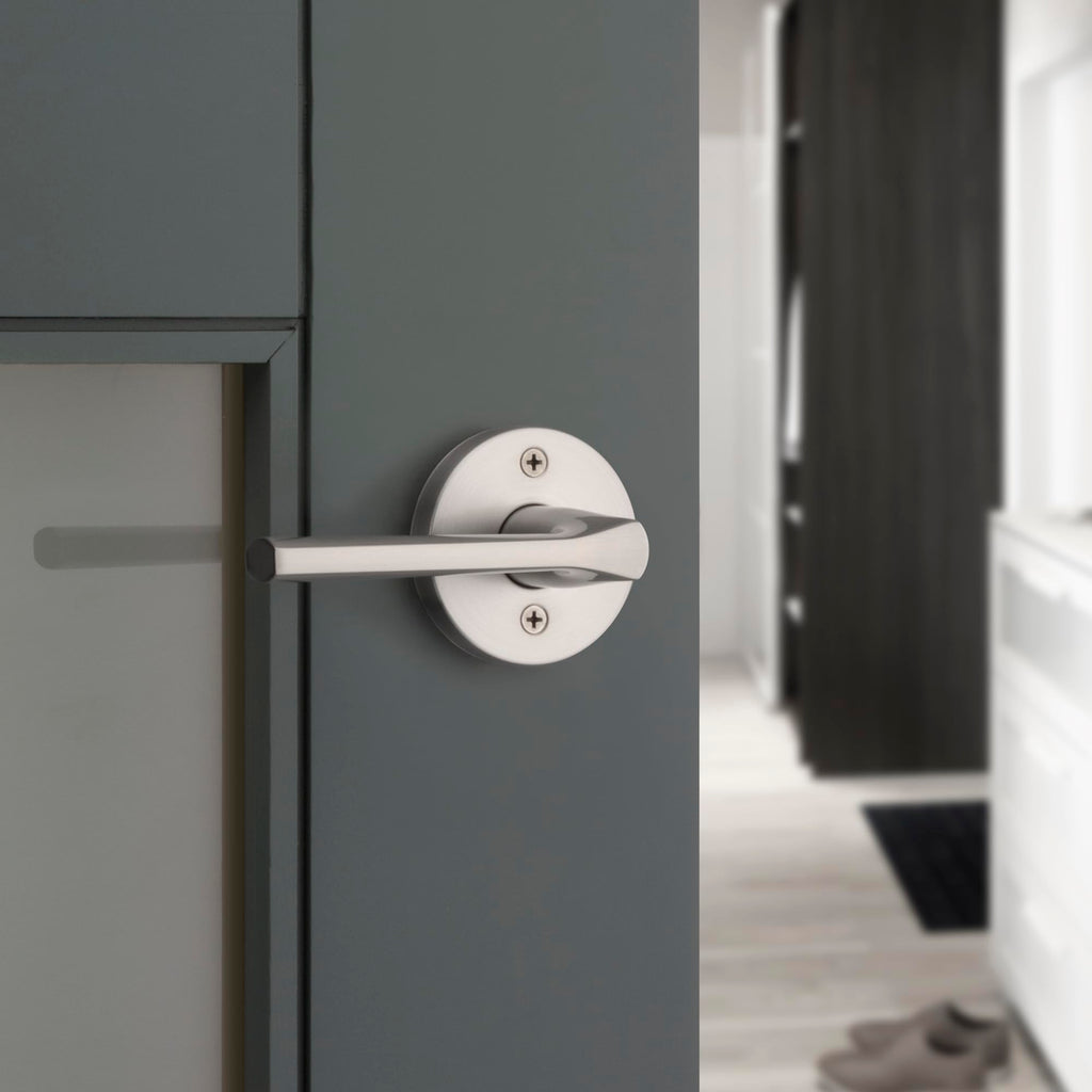 Lisbon Interior Privacy Door Handle with Lock, Round Lever , Satin Nickel Reversible Keyless Push Button Lock Door