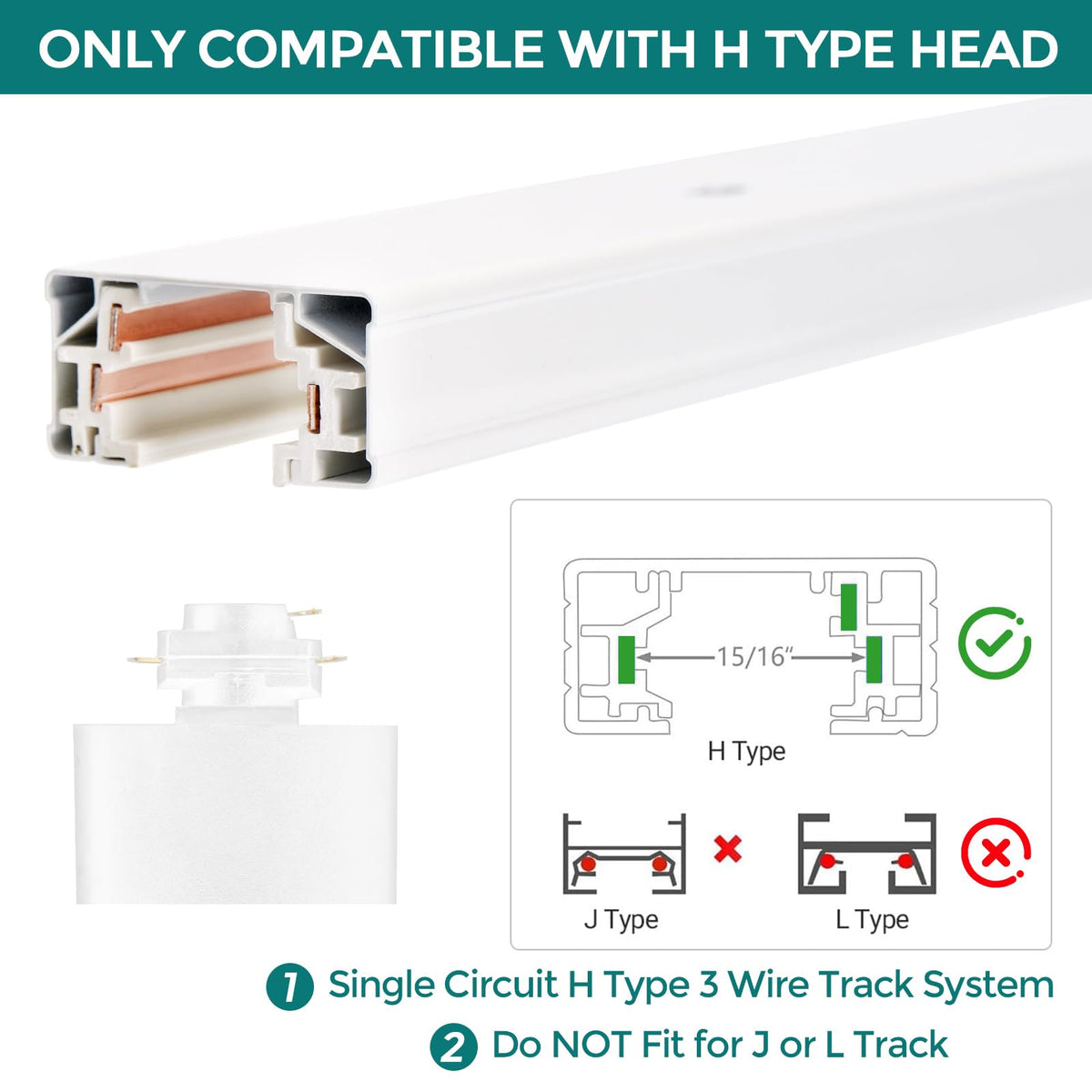 H Track Lighting Rails Kit - 20ft White Track Light Tracks 3 Wire with Floating Canopy Connector, I and L Connectors