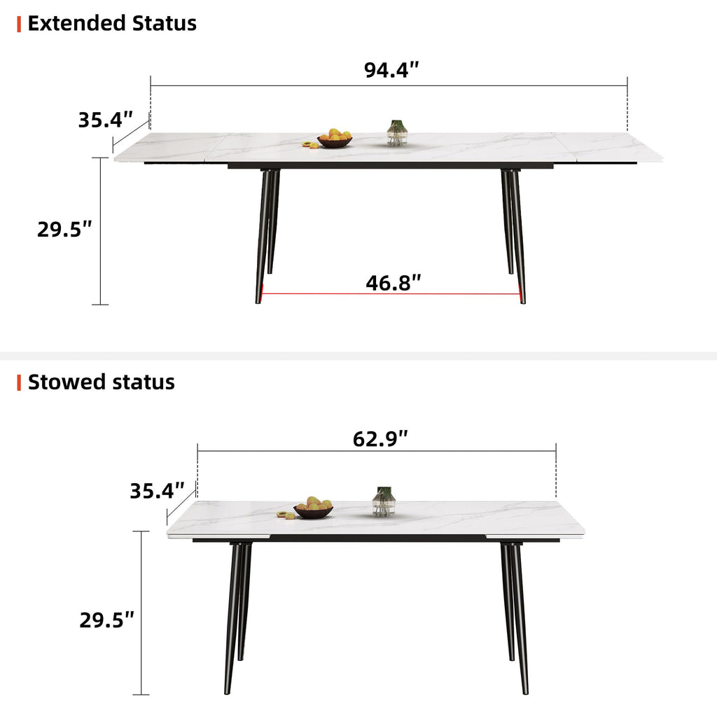 62.9"-94.4" Extendable Dining Table, White Sintered Stone Top