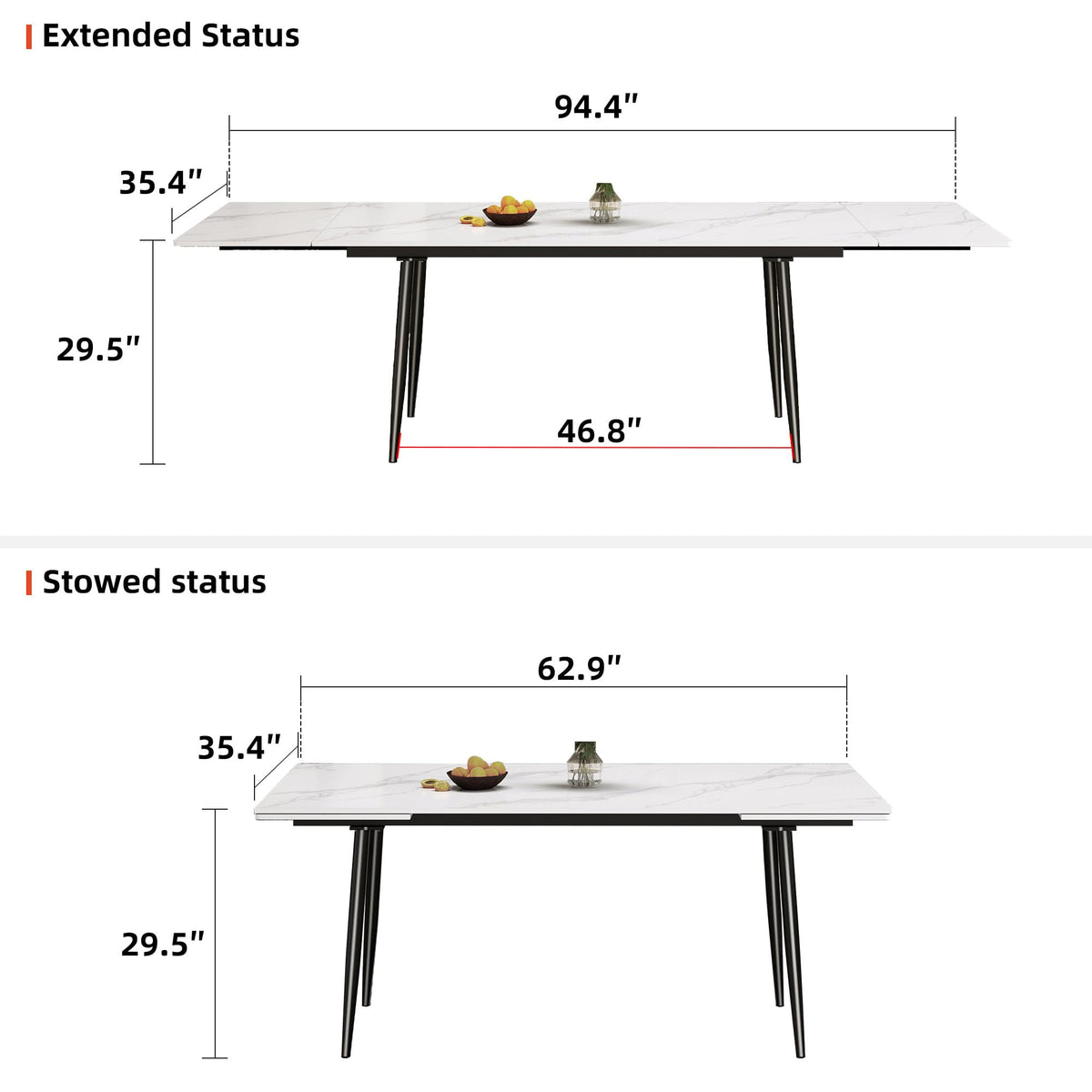 62.9"-94.4" Extendable Dining Table, White Sintered Stone Top