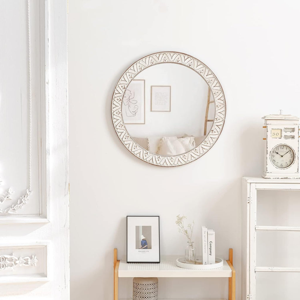 24" Round Mirror Farmhouse Wooden Frame Circle Mirrors, Rustic Decorative Distressed Wall Mounted Mirror, Fireplace