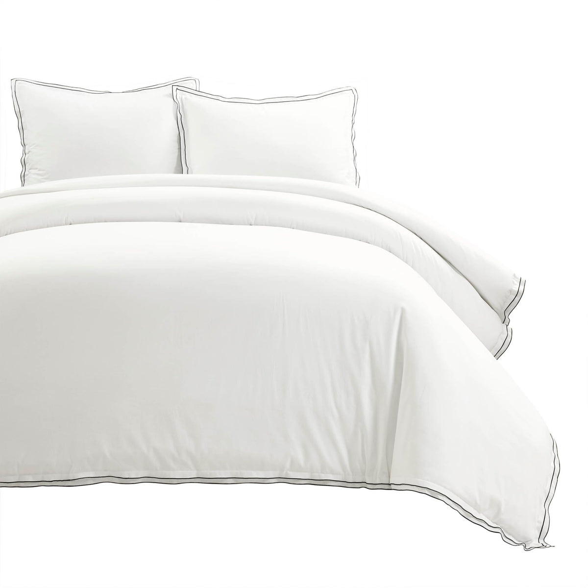 Hampton Double Flange Embroidered Contrast Edge Cotton Duvet Cover Set, 3 Piece Set, White & Black
