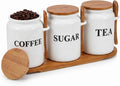 Coffee Sugar and Tea Canister Set with Tray and Spoon 27 oz Ceramic Farmhouse White Container Jar - Set of 3