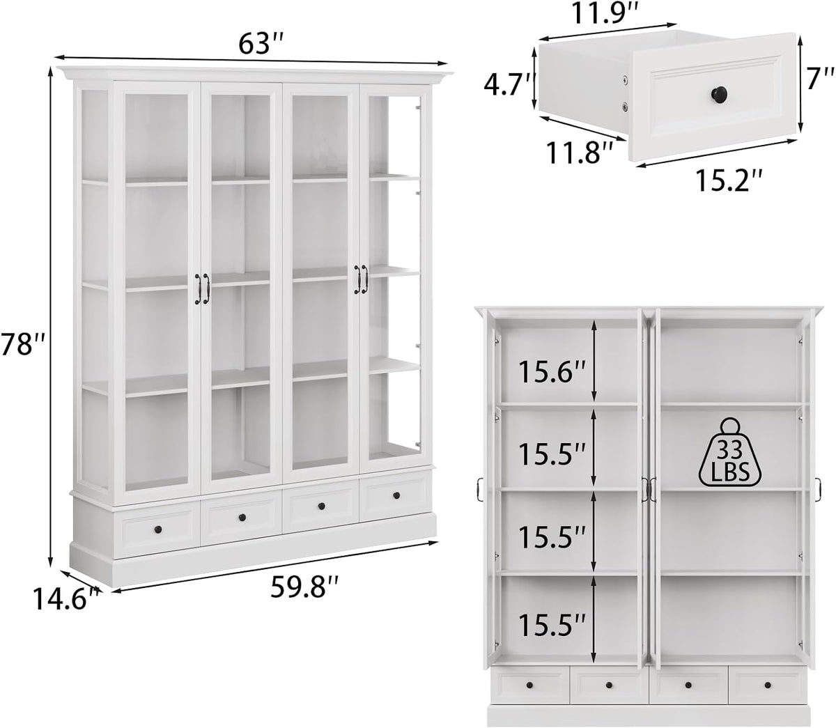 78" Tall Large Storage Cabinet with Glass Door, White Pantry | China Hutch, Farmhouse 4-Tier Display Cabinet with