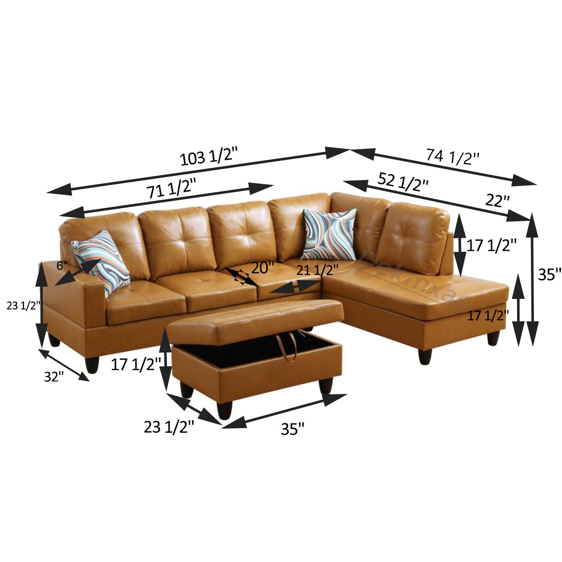 L Shaped Couch, Faux Leather Sectional Couches, Modern Living Room Furniture Sets Sofa in 3PCS /Office (B-Ginger