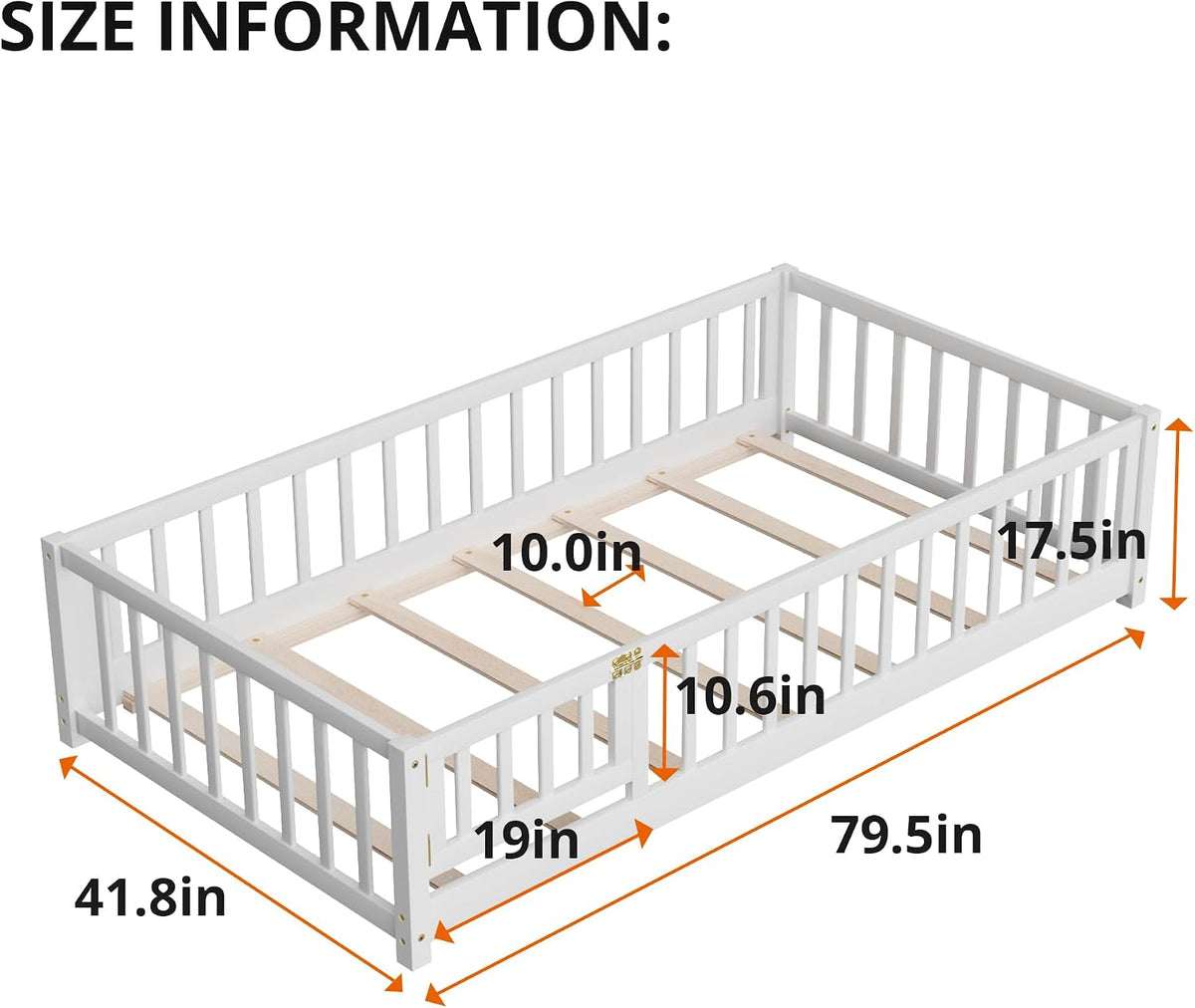 Floor Bed for Children, Sturdy Wood Montessori Bed Frame with Wood Slats, High Fence & Small Door, Montessori