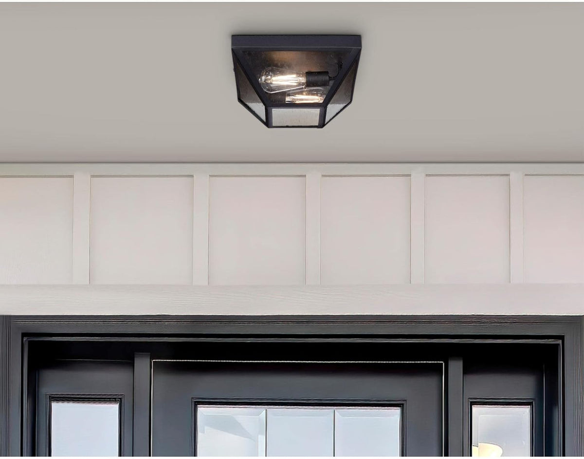 Wyndham 12 Inch Transitional Two-Light Outdoor Flush Mount Ceiling Light, Textured Black Finish, Clear Seeded Glass