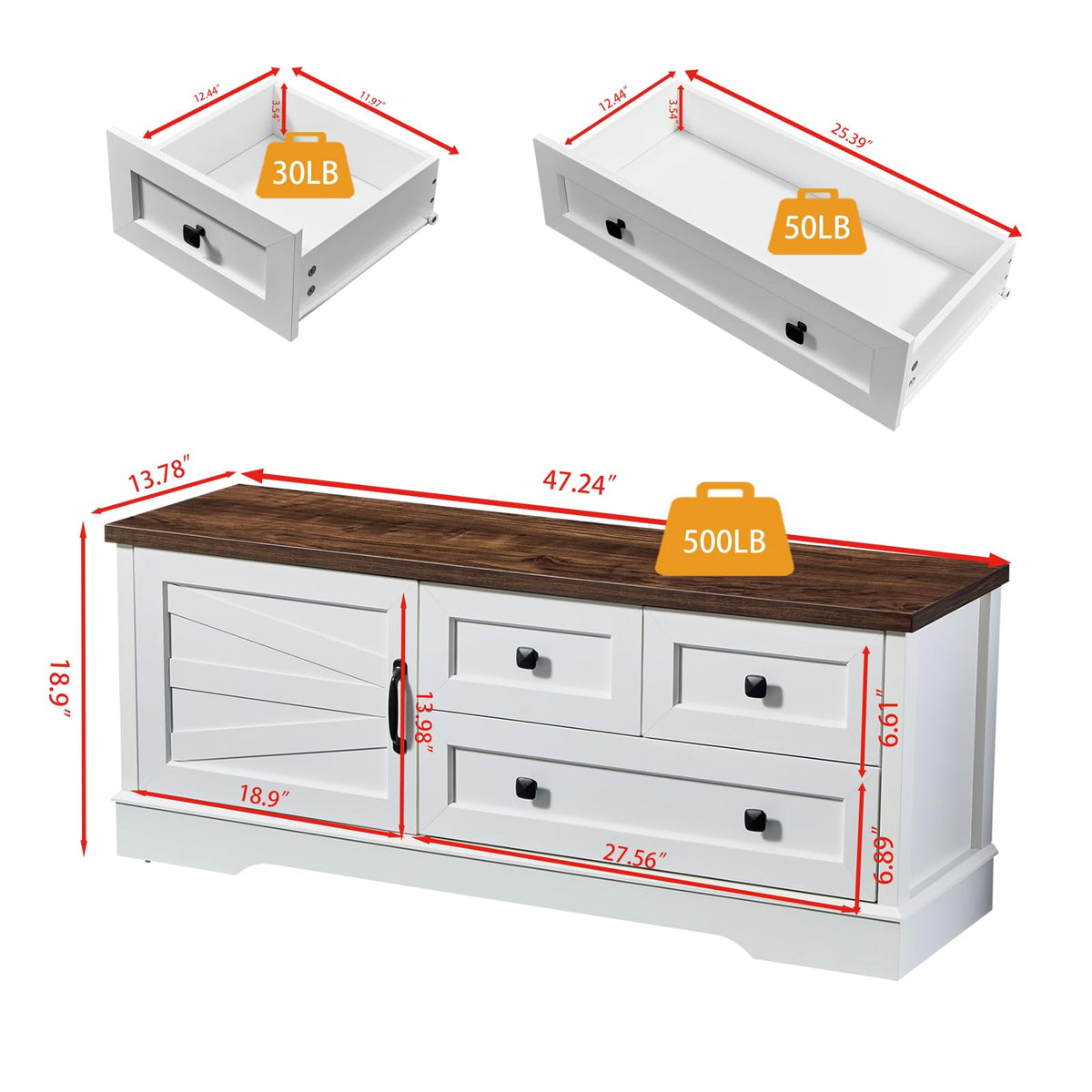 48 Inch End of Bed Storage Bench, Farmhouse Bed Bench with Drawers and Cabinet, Rustic Shoe Storage Bench, White