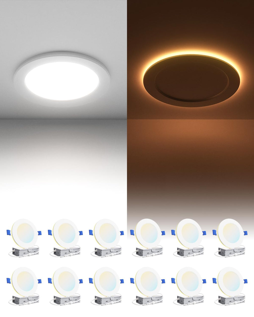 12 Pack 4 Inch LED Recessed Ceiling Light with Night Light, Dimmable, 2700K-5000K 5CCT, 750LM 9W 120V, High