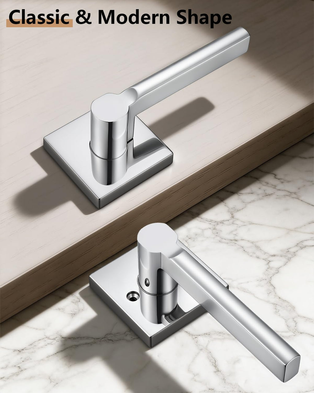 Passage Interior Door Handles, 8 Pack Polished Chrome Square Levers Without Lock, Reversible for Closet & Hallway