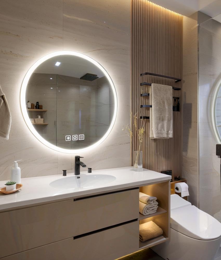 24 inches Round LED Bathroom Mirror with Lights, Anti-Fog, Dimmable, Backlit + Front Lit, Lighted Bathroom Vanity