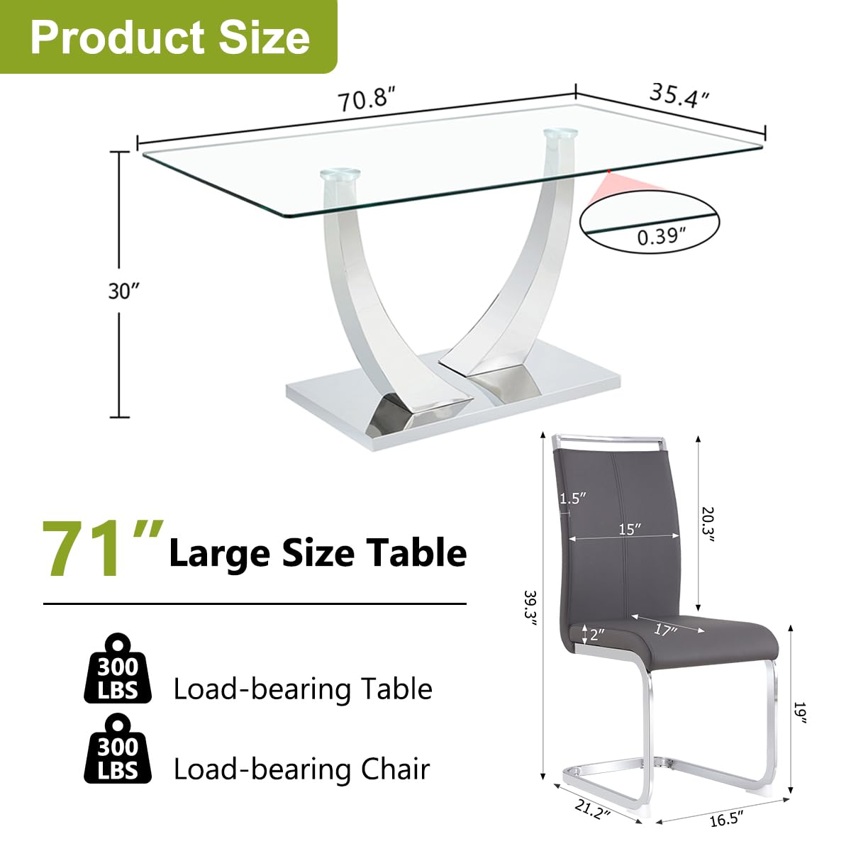 Glass Dining Table Set for 6, 71" Modern Dining Table Set for 6