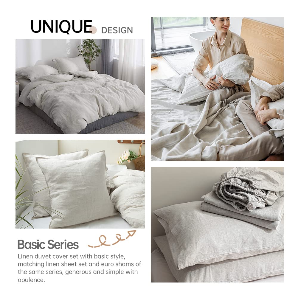 100% Linen Duvet Cover Set 3pcs Basic Style Natural French Washed Flax Solid Color Soft Breathable Farmhouse Bedding