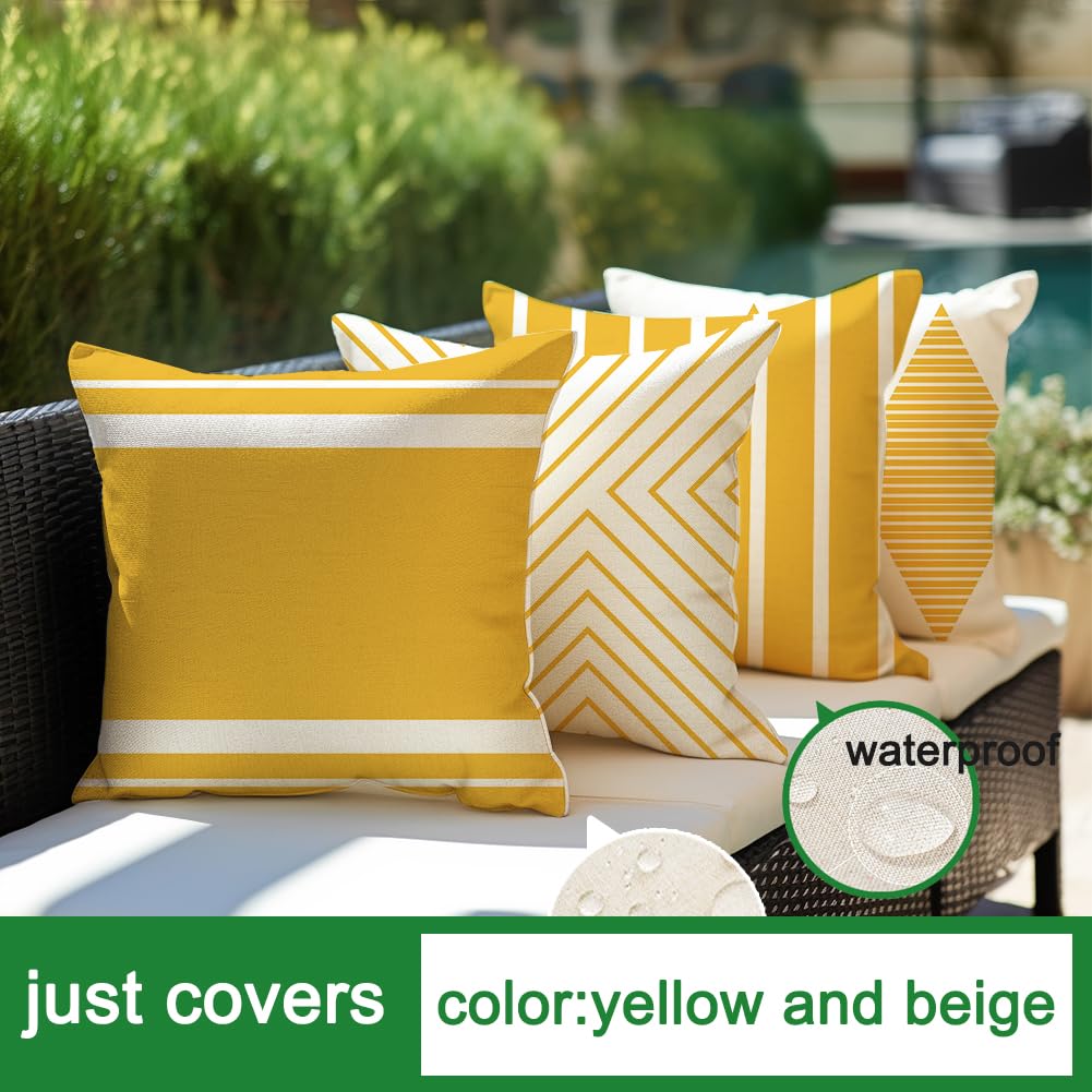 Outdoor Pillows Covers 18x18 Waterproof, Yellow and Beige Set of 4(No Insert
