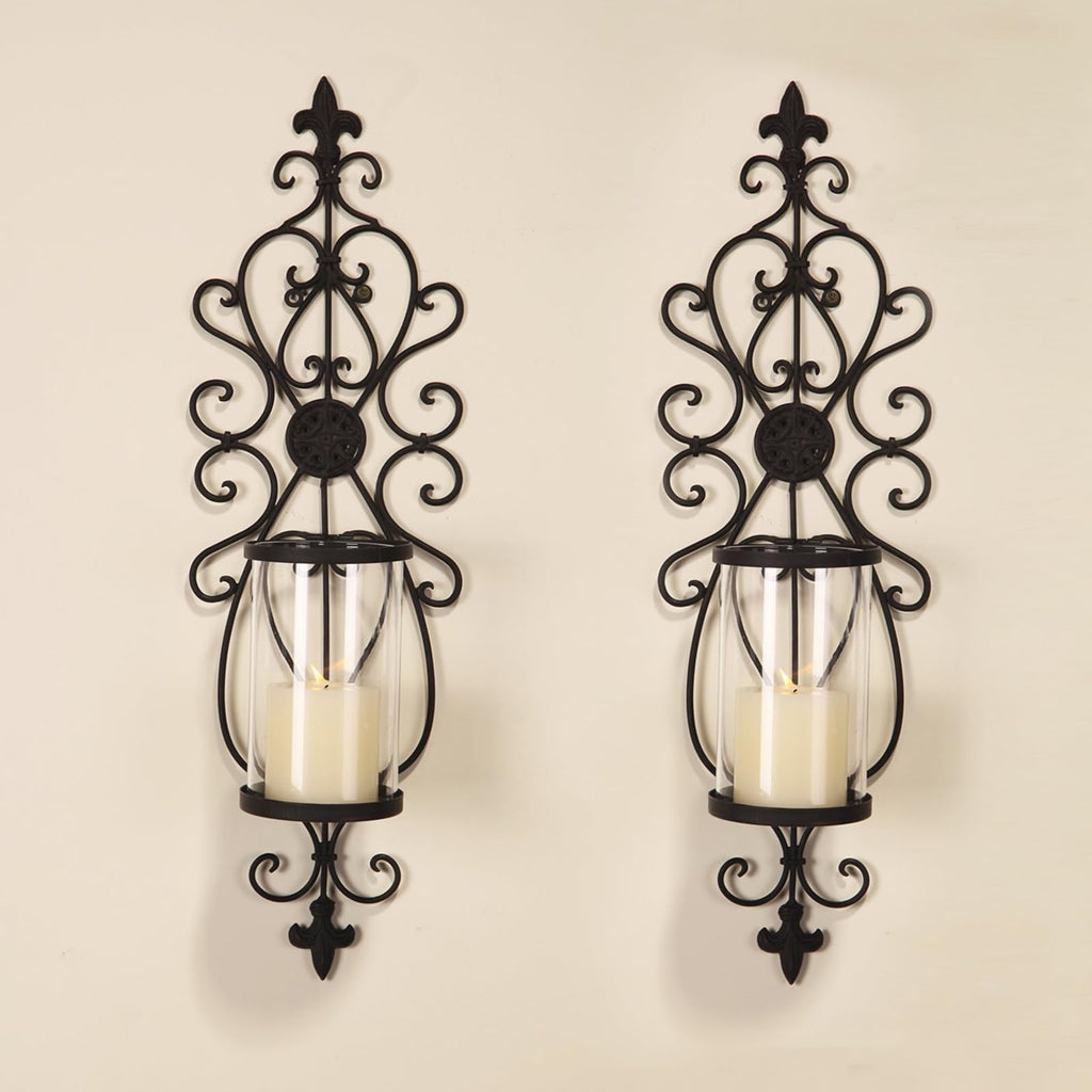24" Hurricane Wall Sconces Set of Two, Iron & Glass Sconces for Candles