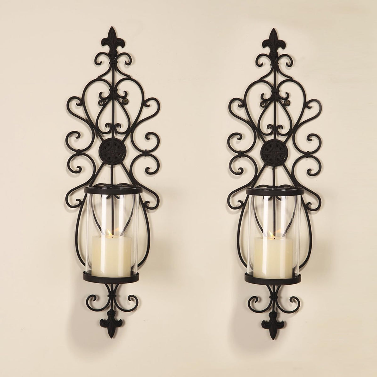24" Hurricane Wall Sconces Set of Two, Iron & Glass Sconces for Candles