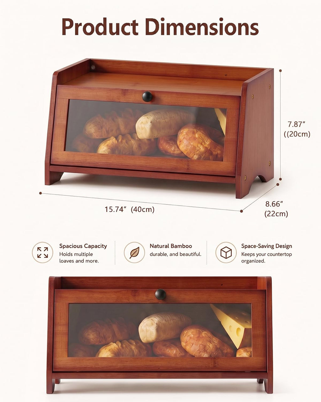 Bread Box - Countertop With Top Shelf For Fruit,1 Tier, Brown